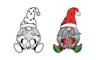 Outline doodle and colored hand-drawn cozy sitting festive dwarf in hat vector
