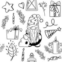 Seamless festive dwarf pattern with gifts and holiday elements vector