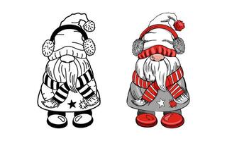 Outline doodle and colored hand-drawn cozy dwarf with a winter scarf vector