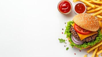 Hamburger and french fries on white background photo