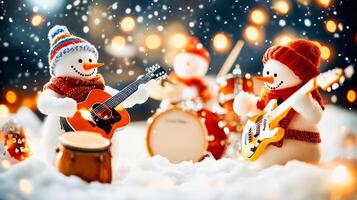 Snowman playing guitar and singing in the snow photo