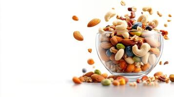 A glass bowl filled with nuts and other nuts photo