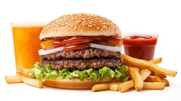 A hamburger and fries with a drink on a white background photo