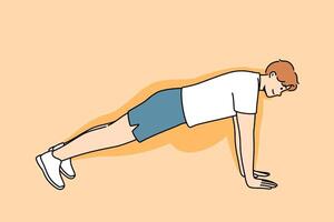 Man doing push-ups makes progress in losing weight, and feels disappearance of belly vector