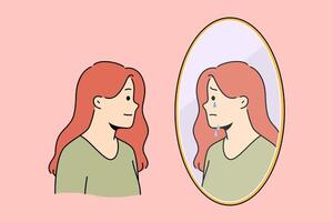 Bipolar disorder in woman smiling but feeling suffering in soul, and looking in mirror vector