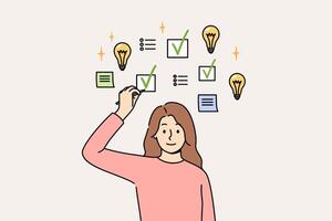 Woman making task management to achieve productivity, and makes mark in checkbox above head vector