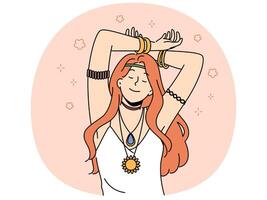 Hippie woman with amulet and bracelets on hands closes eyes, slowly dances with hands up vector