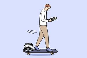 Guy student reads book and rides skateboard, preparing for exam on way home from college vector