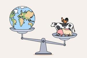 Impact of farm animals on environment demonstrated by livestock and planet earth located on scales vector