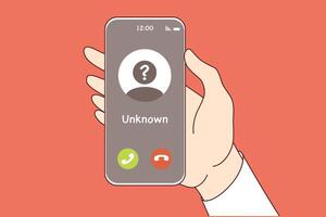 Call from unknown caller on phone screen in person hand, for spam or unsolicited advertising concept vector