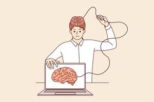 Man develops artificial intelligence and transfers own brain to internet, standing near laptop vector