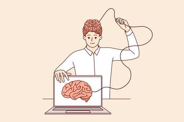 Man develops artificial intelligence and transfers own brain to internet, standing near laptop