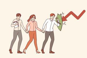 Business guide guides colleagues, saving them from danger and fending off crises with shield vector