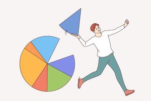 Businessman takes market segment from pie chart and runs away demonstrating business dexterity vector