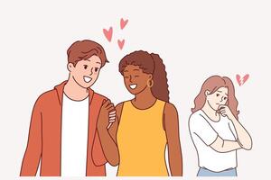 Love triangle between man walking with girlfriend and jealous, envious girl in need of psychologist vector