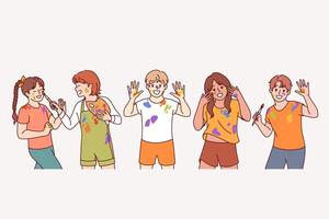 Artist children with paint stains on hands and clothes rejoice at opportunity to develop creativity vector