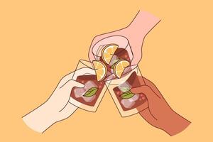 Alcoholic drink in glasses in hands of people drinking whiskey with pieces of lime and ice cubes vector