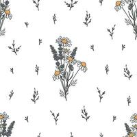 Seamless pattern with chamomile and lavender bouquet. Gentle floral elements on white background vector