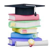 3D Rendering colorful stack of books with a graduation cap symbolizes learning and achievement in education png