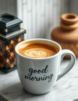 Warm cup of coffee with a good morning message beside decorative items at a cozy breakfast setting photo