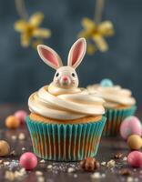 Delicious Easter cupcakes decorated with bunny toppers and colorful candy treats photo