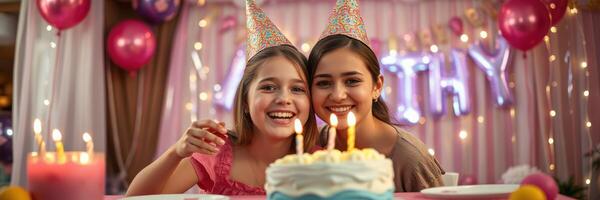 Two girls celebrate a joyful birthday party with cake and decorations in a festive atmosphere photo