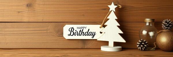 Wooden birthday decoration featuring a tree and a tag on a rustic wooden background with festive elements photo