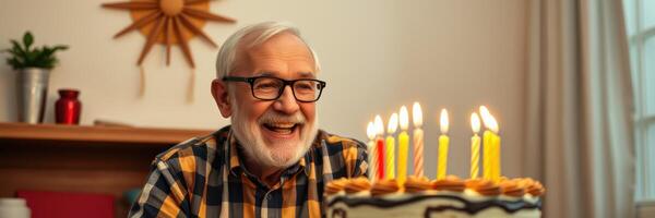 Joyful elderly man celebrating his birthday with a cake and candles at home during a warm gathering with family and friends photo