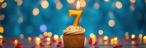 Colorful birthday cupcake with a candle celebrating a child's seventh birthday in a festive setting photo