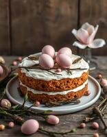 Celebratory cake adorned with pastel eggs and floral accents on wooden table for spring festivities photo