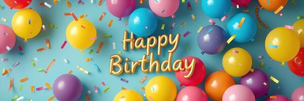 Colorful balloons and confetti celebrate a birthday party with joyful decorations and cheerful atmosphere photo