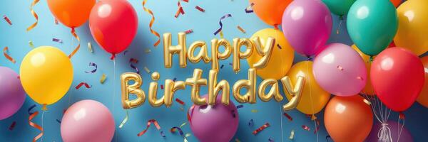 Colorful birthday celebration decorations with balloons and festive message on blue background photo