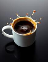 Coffee cup creates a splash on a glossy surface during a morning ritual photo