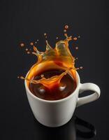 Coffee splash creates dynamic motion in a white cup against a dark background photo