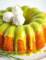 Bright green glazed bundt cake with white cream topping sits on a white plate against a simple background photo