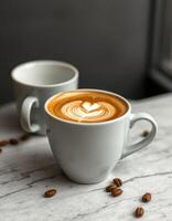 Delicious coffee with intricate latte art placed on a marble table alongside an empty cup and scattered coffee beans photo