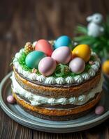 Beautifully decorated Easter cake with colorful eggs and floral accents on a rustic wooden table photo