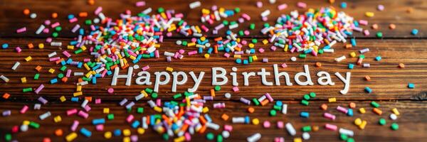 Colorful sprinkles and happy birthday message create festive atmosphere on wooden table photo
