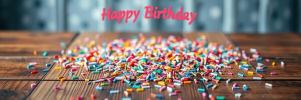 Colorful birthday sprinkles scattered on a wooden table, creating a festive atmosphere for celebrations and gatherings photo