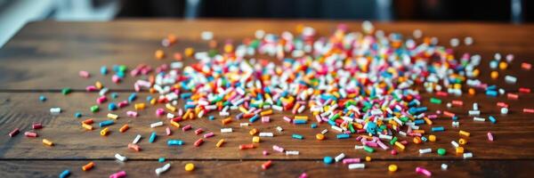 Colorful sprinkles scattered across a wooden table inviting creative baking projects and festive celebrations photo