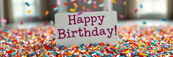 Colorful confetti surrounds a joyful birthday message during a festive celebration at a cheerful event photo