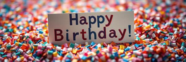 Colorful birthday celebration with confetti and a cheerful greeting displayed on a vibrant background photo
