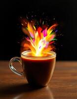 Coffee cup with vibrant explosion of colors illustrating creativity during a deep evening brew session photo