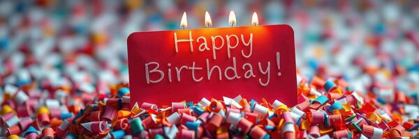 Birthday celebration with candles and colorful confetti in a festive setting photo