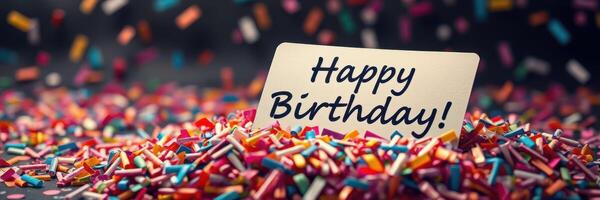 Colorful birthday celebration with confetti and a cheerful message on a card photo