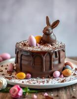 Chocolate cake decorated with Easter bunny and colorful eggs for spring celebration photo