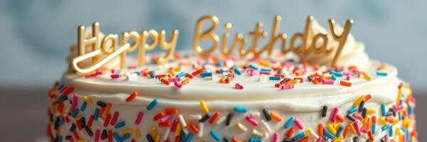 Colorful birthday cake celebrates a special occasion with sprinkles and a golden topper photo