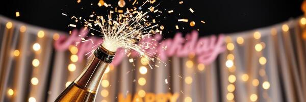 Celebration with sparkling champagne bottle against decorated background with festive lights photo