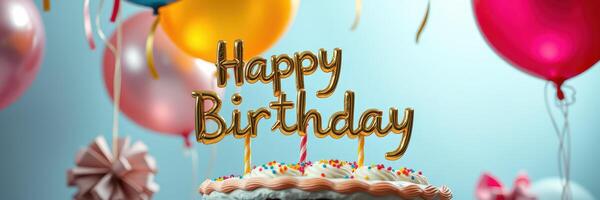 Celebrate with a joyful birthday cake adorned with colorful balloons and festive decorations for a memorable occasion photo