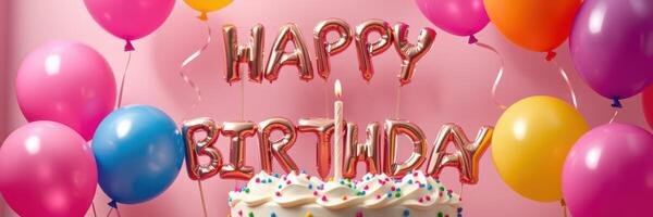 Colorful birthday celebration featuring a cake, balloons, and festive decorations for a joyful occasion photo